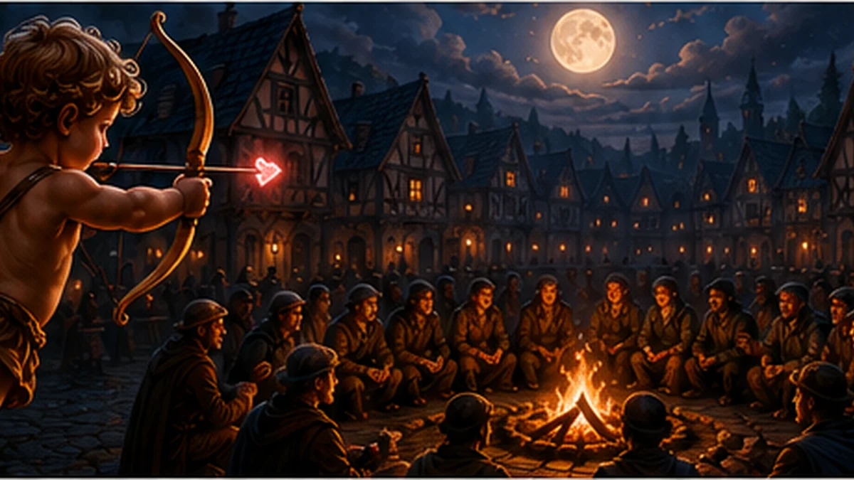 Cupidon visant le Village avec son arc sous la pleine lune