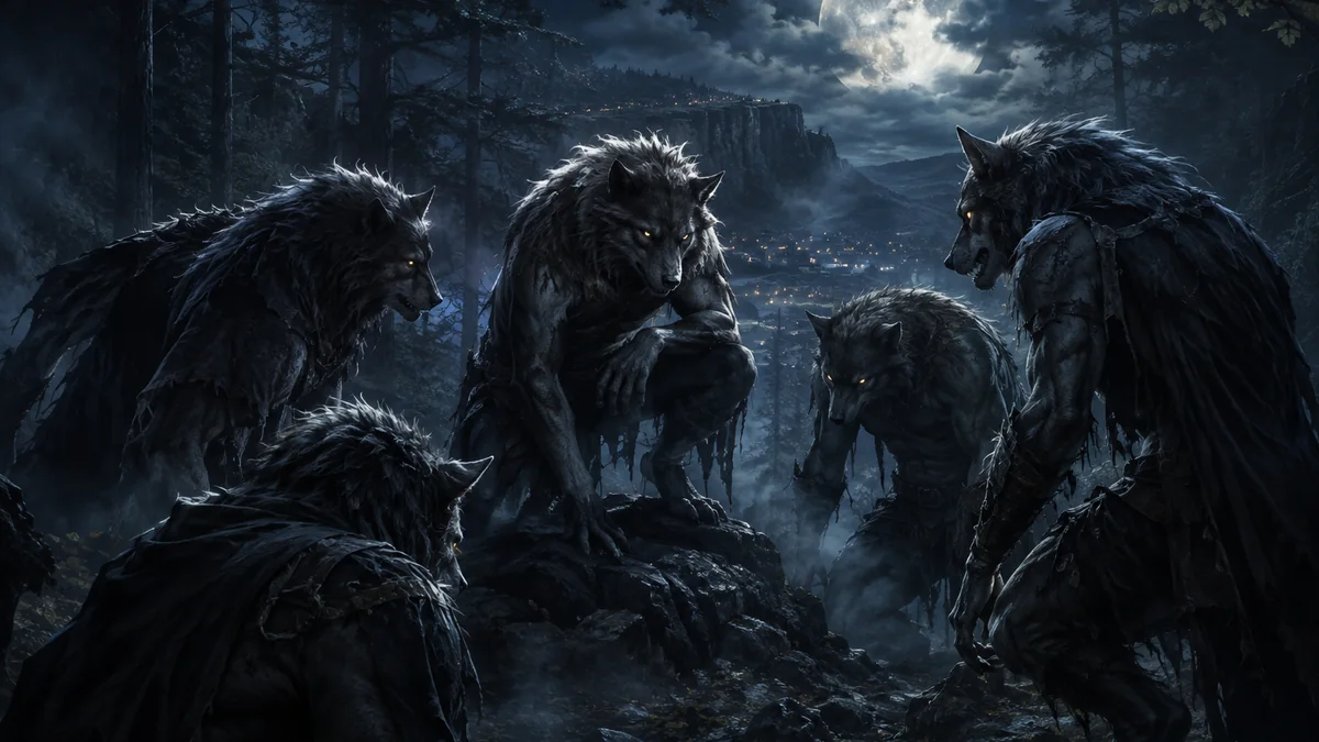 Meute de Loups-Garous réunie sous la pleine lune pour préparer son choix nocturne
