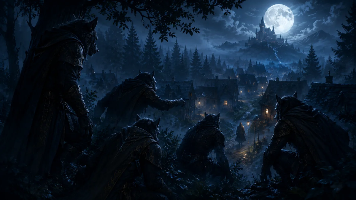 Loups-Garous observant le village sous la pleine lune, danger pour la Voyante